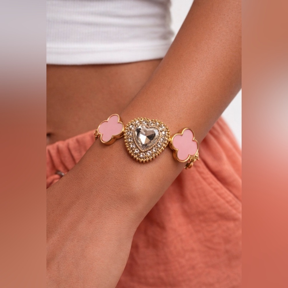 MINT Pink CZ Clover Rhinestone Heart Flower Goldtone Charm Bracelet NEW